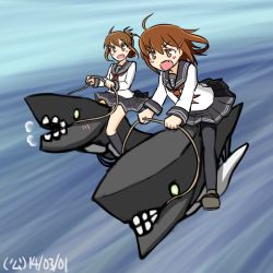 Rule 34 | 10s, 2girls, abyssal ship, brown eyes, brown hair, folded ponytail, hair ornament, hairclip, hamu koutarou, i-class destroyer, ikazuchi (kancolle), inazuma (kancolle), kantai collection, multiple girls, open mouth, pantyhose, personification, riding, school uniform, serafuku, short hair