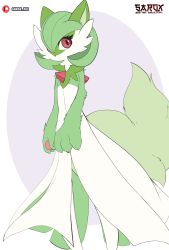 Rule 34 | 1girl, absurdres, animal ears, animal hands, animal nose, artist name, bob cut, body fur, cat ears, cat girl, cat tail, claws, closed mouth, creatures (company), female focus, flat chest, flat color, furry, furry female, fusion, game freak, gardevoir, gen 3 pokemon, green fur, green hair, hair over one eye, highres, looking at viewer, nintendo, one eye covered, patreon logo, patreon username, pawpads, pokemon, pokemon (creature), purple background, red eyes, sarox, short hair, simple background, solo, sprigatito, standing, tail, two-tone background, two-tone fur, watermark, white fur
