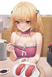 Rule 34 | 1girl, 1other, absurdres, bare shoulders, blonde hair, blush, breasts, chopsticks, cleavage, fish (food), food, food on face, green eyes, highres, looking at viewer, nigirizushi, original, plate, pov, small breasts, soy sauce, sushi, twintails, wasabi, wet.elephant