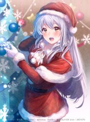 Rule 34 | 1girl, artist name, bluesky username, blush, brown eyes, capelet, christmas, christmas ornaments, christmas tree, commentary request, commission, dress, gloves, hair between eyes, hat, holding, ittokyu, kantai collection, long hair, long sleeves, looking at viewer, open mouth, pixiv id, pom pom (clothes), red capelet, red dress, santa costume, santa hat, shoukaku (kancolle), signature, skeb commission, solo, twitter username, very long hair, white gloves, white hair