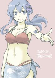 Rule 34 | 1girl, akara kai, bikini, blue bikini, blue eyes, blue hair, breasts, cleavage, dated, gotland (kancolle), highres, kantai collection, leaf print, long hair, looking at viewer, medium breasts, mole, mole under eye, navel, official alternate costume, one-hour drawing challenge, pink background, reaching, reaching towards viewer, sarong, sidelocks, smile, solo, swimsuit, twitter username