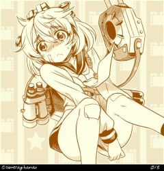 Rule 34 | 1girl, :&lt;, alternate costume, bandaid, bandaid on face, binoculars, blush, commentary request, cosplay, covering privates, crab, dress, headgear, kantai collection, machinery, monochrome, neckerchief, numbered, oboro (kancolle), sailor dress, short hair, solo, sumeragi hamao, twitter username, yellow theme, yukikaze (kancolle) (cosplay), yukikaze (kancolle)