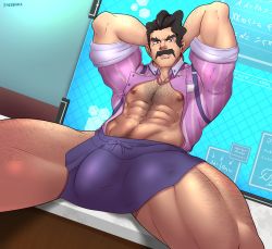 Rule 34 | 1boy, abs, arm behind head, bara, black hair, board, bulge, collared shirt, creatures (company), desk, enzobara, feet out of frame, game freak, hairy, highres, large pectorals, long hair, looking at viewer, male focus, manly, mature male, muscular, muscular male, navel hair, nintendo, nipples, open clothes, open shirt, pectorals, pokemon, pokemon sv, saguaro (pokemon), shirt, skirt, smirk, solo, spread legs, teeth, thick arms, thick eyebrows, thick thighs, thighs, yellow eyes