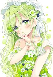 1girl blush bow braid commentary_request dress flower green_dress green_eyes green_hair green_nails hair_between_eyes hair_bow hair_flower hair_ornament hairclip hand_up hat highres looking_at_viewer mob_cap nail_polish original sakura_oriko simple_background solo white_background white_bow white_flower white_hat