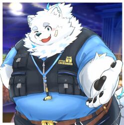 Rule 34 | 1boy, animal ears, bara, belly, blue fur, cowboy shot, daiwahouse0105, dog boy, dog ears, fat, fat man, furry, furry male, highres, live a hero, looking at viewer, male focus, multicolored hair, one eye closed, outstretched hand, reaching, reaching towards viewer, solo, standing, streaked hair, thick eyebrows, white fur, yohack