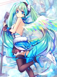 Rule 34 | 1girl, 7th dragon (series), 7th dragon 2020, black thighhighs, blue eyes, character name, from side, green hair, hatsune miku, hecha (01964237), high heels, highres, long hair, looking at viewer, microphone, microphone stand, skirt, solo, thighhighs, twintails, very long hair, vocaloid, wings