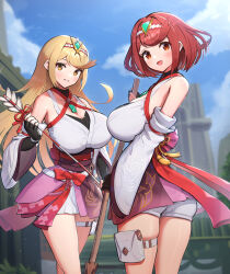Rule 34 | 2girls, absurdres, ass, bare shoulders, breasts, broom, chest jewel, chinese knot, cleavage, cosplay, cowboy shot, detached sleeves, fingerless gloves, from side, gem, glimmer (xenoblade), glimmer (xenoblade) (cosplay), gloves, gonzarez, highres, japanese clothes, large breasts, looking at viewer, miko, multiple girls, mythra (xenoblade), nontraditional miko, obi, open mouth, orange eyes, pouch, pyra (xenoblade), red hair, sash, short shorts, shorts, smile, swept bangs, tassel, thigh pouch, tiara, very hair, xenoblade chronicles (series), xenoblade chronicles 2, xenoblade chronicles 3, xenoblade chronicles 3: future redeemed
