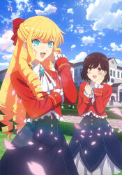 Rule 34 | 2girls, :d, blonde hair, blue eyes, blush, bow, brown hair, claire francois, commentary, crossed arms, drill hair, english commentary, hair bow, highres, key visual, long hair, long sleeves, looking at another, multiple girls, official art, open mouth, promotional art, red bow, red eyes, rae taylor, school uniform, short hair, smile, watashi no oshi wa akuyaku reijou
