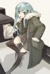 Rule 34 | 10s, 1girl, aqua eyes, aqua hair, black thighhighs, coat, food, fur trim, hair ornament, hairclip, hands in pockets, highres, kantai collection, long hair, looking at viewer, personification, pocky, senmu (senmudayo), smile, solo, suzuya (kancolle), thighhighs, turret, zettai ryouiki