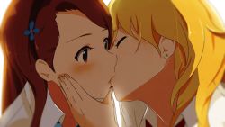 Rule 34 | 2girls, blonde hair, blurry, blush, brown eyes, brown hair, close-up, commentary request, depth of field, earrings, closed eyes, fingernails, french kiss, grabbing another&#039;s chin, hair ornament, hairband, hand on another&#039;s chin, hand on another&#039;s face, highres, hoshii miki, idolmaster, idolmaster (classic), jewelry, kiss, long hair, minase iori, multiple girls, necktie, neji (nezi hs), shirt, surprised, white shirt, wide-eyed, yuri