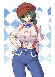 Rule 34 | 1girl, alternate breast size, alternate costume, alternate hairstyle, blue bow, blue bowtie, blue pants, bow, bowtie, breast pocket, breasts, brown hat, eyepatch, green eyes, hat, highres, kantai collection, kiso (kancolle), large breasts, low ponytail, medium hair, nokishita kumoemon, pants, pink shirt, pocket, shirt, smile, solo, standing, suspenders