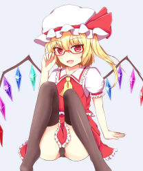 Rule 34 | 1girl, adjusting eyewear, arm support, ascot, bespectacled, black panties, black thighhighs, collarbone, collared shirt, crystal, fang, flandre scarlet, frilled shirt collar, frilled skirt, frilled sleeves, frilled vest, frills, glasses, hair between eyes, hat, hat ribbon, head tilt, highres, looking at viewer, medium hair, mob cap, multicolored wings, no shoes, one side up, open mouth, panties, pantyshot, para (montplace), puffy short sleeves, puffy sleeves, red-framed eyewear, red eyes, red ribbon, red skirt, red vest, ribbon, semi-rimless eyewear, shirt, short sleeves, simple background, skirt, skirt set, sleeve ribbon, solo, thighhighs, touhou, under-rim eyewear, underwear, vest, white background, white hat, white shirt, wings, yellow ascot