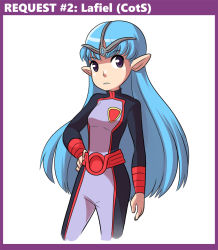 Rule 34 | 1girl, bad id, bad tumblr id, blue hair, brown eyes, character name, cowboy shot, hand on own hip, headpiece, lafiel, long hair, mary cagle, pointy ears, seikai no monshou, solo, turtleneck