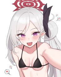 Rule 34 | 1girl, :d, absurdres, alternate costume, asymmetrical hair, bikini, black bikini, black ribbon, blue archive, blush, boneseing, breasts, cleavage, commentary, fang, grey hair, hair ribbon, halo, heart, highres, long hair, looking at viewer, mutsuki (blue archive), open mouth, outstretched arm, parted bangs, purple eyes, red halo, ribbon, selfie, side ponytail, simple background, slit pupils, small breasts, smile, solo, spoken heart, string bikini, sweat, swimsuit, upper body, white background