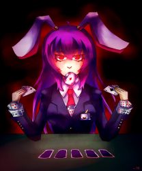 Rule 34 | 1girl, animal ears, breasts, card, daigada, female focus, glowing, glowing eyes, holding, holding card, medium breasts, mouth hold, necktie, playing card, poker, rabbit ears, red eyes, red necktie, reisen udongein inaba, solo, touhou