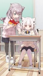 Rule 34 | 2girls, :d, animal ears, asymmetrical legwear, black pantyhose, blue eyes, blush, cat ears, cat girl, cat tail, chair, closed mouth, commission, desk, flower, grey hair, hair flower, hair ornament, highres, holding, holding pen, long hair, mismatched legwear, multiple girls, on chair, open mouth, original, pantyhose, pen, pink pantyhose, pointing, pointy ears, red eyes, school chair, school desk, shoes, sitting, skeb commission, smile, sweat, tail, two side up, v-shaped eyebrows, very long hair, virtual youtuber, white flower, white footwear, white hair, white pantyhose, wooden floor, yukie (kusaka shi)