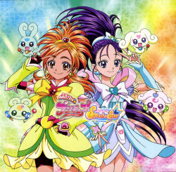 Rule 34 | 00s, 2girls, bike shorts, brooch, choppy, copyright name, cure bright, cure windy, detached sleeves, double v, dress, earrings, english text, eyelashes, fingerless gloves, flappy, foop, futari wa precure splash star, gloves, hair ornament, hair ribbon, hairband, happy, heart, heart brooch, highres, hyuuga saki, inagami akira, jewelry, long hair, looking at viewer, magical girl, mishou mai, moop, multiple girls, non-web source, official art, orange eyes, orange hair, ponytail, precure, puffy sleeves, purple eyes, purple hair, ribbon, shorts, shorts under dress, shorts under skirt, smile, standing, v, very long hair