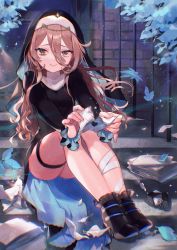 Rule 34 | 1girl, absurdres, bandaged leg, bandages, black eyes, brown hair, closed mouth, habit, hair between eyes, high heels, highres, holding, holding letter, knees up, leaf, legs together, letter, looking at viewer, nun, on stairs, original, ring box, ripping, saku nosuke, sitting, smile, solo, tearing up, tears, thigh strap, veil