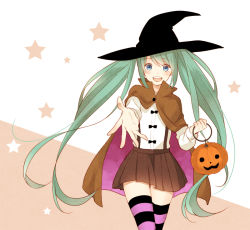 Rule 34 | 1girl, aqua hair, blue eyes, cape, cloak, cowboy shot, halloween, hat, hatsune miku, jack-o&#039;-lantern, long hair, looking at viewer, open mouth, otototo, outstretched arm, outstretched hand, pumpkin, simple background, skirt, smile, solo, star (symbol), striped clothes, striped thighhighs, suspenders, thighhighs, twintails, two-tone background, very long hair, vocaloid, witch hat, zettai ryouiki