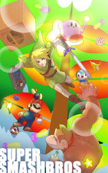Rule 34 | 2boys, blonde hair, bob-omb, bomb, box, brown hair, cake, crate, creatures (company), donkey kong, donkey kong (series), electroplankton, explosive, facial hair, food, fruit, game freak, gen 4 pokemon, grapes, hat, holding, holding sword, holding weapon, kirby, kirby (series), link, mario, mario (series), master sword, multiple boys, mustache, nintendo, noah (tettsui-sole), non-web source, pastry, piplup, pokemon, pokemon (creature), rod, shield, smile, super mario bros. 1, super smash bros., super smash bros. logo, sword, the legend of zelda, weapon