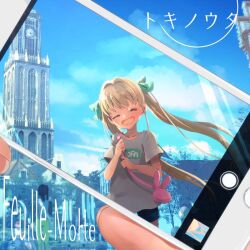 Rule 34 | 1girl, album cover, bag, black shorts, blonde hair, blue sky, building, cellphone photo, clock, clock tower, closed eyes, cloud, collarbone, commentary request, cover, feuille-morte, green ribbon, grey shirt, hair ribbon, hanada hyou, handbag, head tilt, holding, holding phone, long hair, open mouth, outdoors, people, phone, picture frame, pink bag, rabbit-shaped bag, ribbon, shirt, short sleeves, shorts, sky, smile, t-shirt, tower, translation request, tree, twintails, wind, wind lift