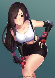 Rule 34 | 1girl, breasts, brown hair, elbow gloves, final fantasy, final fantasy vii, fingerless gloves, gloves, green background, hand on own thigh, highres, kagematsuri, large breasts, long hair, low-tied long hair, midriff, miniskirt, red eyes, skirt, smile, solo, square enix, suspender skirt, suspenders, swept bangs, tank top, thighs, tifa lockhart, very long hair