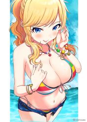 Rule 34 | 1girl, :q, artist name, bare shoulders, bead bracelet, beads, bikini, bikini under clothes, blonde hair, blue eyes, blush, bracelet, breasts, cleavage, collarbone, commentary request, denim, denim shorts, from above, front-tie bikini top, front-tie top, hands up, highres, idolmaster, idolmaster cinderella girls, jewelry, large breasts, long hair, looking at viewer, multicolored bikini, multicolored clothes, nako narita, navel, necklace, o-ring, ohtsuki yui, open fly, outdoors, ponytail, short shorts, shorts, side-tie bikini bottom, smile, solo, stomach, striped bikini, striped clothes, swimsuit, tongue, tongue out, twitter username, water, wavy hair