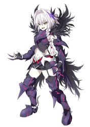 Rule 34 | 1boy, armored boots, astolfo (fate), black gloves, boots, braid, dark persona, fang, fate/apocrypha, fate (series), feather trim, fingerless gloves, full body, garter straps, gloves, highres, long hair, male focus, midriff, miniskirt, multicolored hair, onsoku inu, open mouth, pale skin, simple background, single braid, skirt, smile, solo, streaked hair, trap, white background, white hair, yellow eyes
