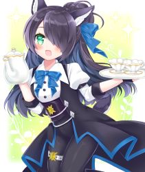 Rule 34 | 1girl, :d, animal ear fluff, animal ears, black hair, black panties, blue bow, blush, bow, commentary request, commission, cup, green eyes, hair bow, hair bun, hair over one eye, highres, holding, holding teapot, holding tray, juliet sleeves, long hair, long sleeves, looking at viewer, open mouth, original, panties, ponytail, puffy sleeves, shikito (yawa0w0), shirt, single hair bun, skeb commission, smile, solo, sparkle, tail, teacup, teapot, tray, underwear, very long hair, white shirt