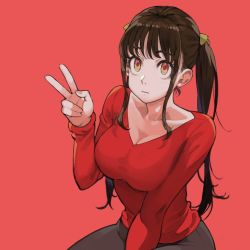 Rule 34 | 1girl, :|, between legs, big sister (navigavi), breasts, brown hair, cleavage, closed mouth, hand between legs, hand up, highres, jun (navigavi), large breasts, long hair, long sleeves, looking at viewer, original, pants, red background, red eyes, red shirt, shirt, sidelocks, simple background, sitting, solo, twintails, v, v-neck