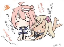 Rule 34 | &gt; &lt;, 10s, 2girls, :d, blonde hair, closed eyes, fang, flower, hair flower, hair ornament, i-58 (kancolle), ibuki (ibukiro1003), kantai collection, long hair, multiple girls, open mouth, pink hair, ro-500 (kancolle), sailor collar, short hair, simple background, smile, sweatdrop, swimsuit, swimsuit under clothes, twitter username, xd