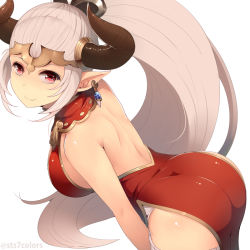 Rule 34 | 10s, 1girl, aliza (granblue fantasy), arched back, artist name, ass, bare back, bare shoulders, bent over, blunt bangs, breasts, closed mouth, cowboy shot, draph, dress, earrings, from side, granblue fantasy, headpiece, horns, jewelry, long hair, looking to the side, pointy ears, red dress, red eyes, shiny skin, side slit, sideboob, simple background, sleeveless, sleeveless dress, smile, solo, standing, sts, tareme, thighhighs, very long hair, white background, white thighhighs