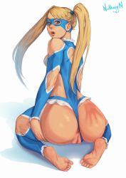 Rule 34 | 1girl, anus, ass, barefoot, blonde hair, blue leotard, capcom, cleft of venus, clothing cutout, feet, heart cutout, highres, huge ass, kneeling, leotard, nidhoggn, open mouth, pussy, rainbow mika, slap mark, soles, solo, spanked, street fighter, street fighter v, toes, twintails, uncensored, wrestling mask, wrestling outfit