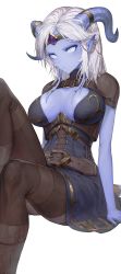 Rule 34 | 1girl, absurdres, belt, blizzard (company), blue dress, blue skin, breasts, breasts apart, brown belt, brown pantyhose, circlet, closed mouth, colored skin, commission, curled horns, draenei, dress, highres, horn ornament, horn ring, horns, invisible chair, jin grey paladin, large breasts, looking at viewer, medium hair, non-web source, pantyhose, parted bangs, pointy ears, simple background, sitting, solo, warcraft, white background, white eyes, white hair, world of warcraft