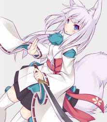 Rule 34 | 10s, 1girl, animal ear fluff, animal ears, blue eyes, blunt bangs, blush, dagger, detached sleeves, fox ears, fox tail, grey background, itoichi., japanese clothes, knife, kon (tokyo ravens), long hair, long sleeves, lowres, ribbon-trimmed sleeves, ribbon trim, simple background, solo, spoilers, tail, thighhighs, tokyo ravens, weapon, white hair, wide sleeves