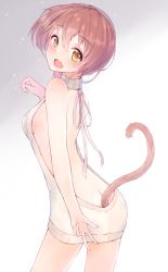 Rule 34 | 1girl, anal tail, ass, back, backless dress, backless outfit, bare back, blush, breasts, brown hair, butt crack, butt plug, cat tail, cowboy shot, dress, fake tail, fang, from behind, from side, hair between eyes, halterneck, hand up, highres, hyakunin momoko, looking at viewer, meme attire, naked sweater, open mouth, original, sex toy, short hair, sideboob, small breasts, solo, sweater, sweater dress, tail, v, virgin killer sweater, yellow eyes