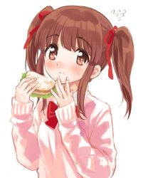 Rule 34 | 1girl, :t, amezawa koma, blush, bow, bowtie, brown eyes, brown hair, eating, flying sweatdrops, food, food on face, hair ribbon, idolmaster, idolmaster cinderella girls, long sleeves, looking at viewer, ogata chieri, pink sweater, red bow, red bowtie, red ribbon, ribbon, sandwich, sidelocks, simple background, solo, sweatdrop, sweater, twintails, upper body, white background