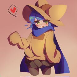 Rule 34 | animal ears, black skirt, blue scarf, blush, brown hat, brown sweater, cat ears, hat, heart, highres, licking lips, looking at viewer, niko (oneshot), oneshot (game), pbj6541, scarf, skirt, slit pupils, solo, sweater, tongue, tongue out, whiskers