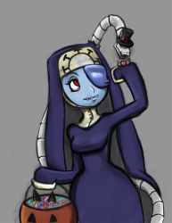 Rule 34 | 1girl, blue hair, blue skin, breasts, candy, colored skin, cosplay, double (skullgirls), double (skullgirls) (cosplay), drawfag, food, grey background, habit, hair over one eye, halloween, hat, highres, hip focus, jack-o&#039;-lantern, leviathan (skullgirls), mini hat, mini top hat, ms. fortune (skullgirls), nun, pumpkin, red eyes, simple background, skullgirls, smile, solo, squigly (skullgirls), stitched mouth, stitches, telr (artist), top hat, traditional nun, trembling, wide hips, zombie