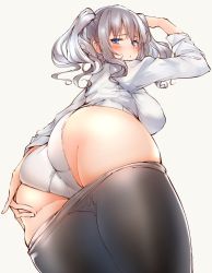Rule 34 | 1girl, ass, black pantyhose, blue eyes, blush, breasts, clothes pull, from below, hechi (hechi322), highres, huge ass, kantai collection, kashima (kancolle), large breasts, long sleeves, looking at viewer, looking back, looking down, medium hair, panties, pantyhose, pantyhose pull, parted lips, shirt, silver hair, simple background, solo, twintails, underwear, wavy hair, white background, white panties, white shirt