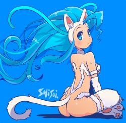 Rule 34 | 1girl, ahoge, animal ear fluff, animal ears, artist name, ass, ass focus, big hair, blue background, blue eyes, blue hair, blush, breasts, cat ears, cat girl, cat tail, closed mouth, dot nose, felicia (vampire), female focus, from behind, highres, indian style, long hair, looking back, medium breasts, shisui, simple background, sitting, solo, tail, vampire (game)
