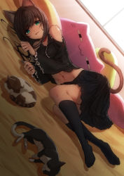 Rule 34 | 1girl, :3, absurdres, animal ear fluff, animal ears, black shirt, black skirt, black socks, breasts, brown hair, cat, cat ears, cat girl, cat-shaped pillow, cat tail, choker, clothing cutout, commentary request, curled up, dutch angle, frilled shirt, frilled sleeves, frills, full body, green eyes, groin, highres, kneehighs, large breasts, light rays, looking at viewer, lying, midriff, mogurii, navel, on bed, on side, original, parted lips, pillow, pleated skirt, red choker, shadow, shirt, shoulder cutout, sidelocks, skirt, sleeping animal, sleeveless, sleeveless shirt, smile, socks, solo focus, sunbeam, sunlight, tail, window