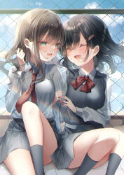 Rule 34 | 2girls, absurdres, adjusting hair, arm grab, black hair, black sweater vest, blue eyes, blush, bow, bowtie, breasts, brown hair, chromatic aberration, closed eyes, collared shirt, grey skirt, hair ornament, hairclip, highres, knee up, light particles, long hair, long sleeves, looking at another, medium breasts, multiple girls, necktie, open mouth, original, pleated skirt, puffy sleeves, red bow, red bowtie, red necktie, rooftop, school uniform, shirt, single sidelock, sitting, skirt, smile, sweater vest, touki matsuri, uniform, white shirt, yuri