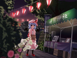 Rule 34 | 1girl, bat wings, box, donation box, female focus, flower, hat, mary janes, nature, outdoors, plant, remilia scarlet, risutaru, shoes, sky, solo, touhou, wings