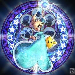 Rule 34 | 1girl, amyroser, black eyes, blonde hair, blue dress, blue eyes, commentary, crown, dive to the heart, dress, earrings, english commentary, floating hair, hair over one eye, highres, holding, holding wand, hungry luma (super mario galaxy), jewelry, kingdom hearts, looking down, lubba, luma (mario), mario, mario (series), medium hair, nintendo, open hand, parody, princess peach, rosalina, silhouette, solo focus, stained glass, super star (mario), super mario galaxy, super mario galaxy 2, super mushroom, super smash bros., v-shaped eyebrows, wand, watermark