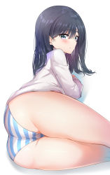 Rule 34 | 10s, 1girl, absurdres, ass, black eyes, black hair, blush, cardigan, gridman universe, highres, long hair, long sleeves, looking at viewer, lying, no pants, on side, panties, solo, ssss.gridman, striped clothes, striped panties, sunhyun, sweater, takarada rikka, thighs, underwear, white sweater