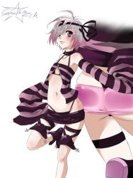 Rule 34 | 1boy, androgynous, ass, bare shoulders, blush, child, choker, crossdressing, detached sleeves, folo, hair over one eye, happy, lips, male focus, million knights vermilion, miniskirt, multicolored hair, pink eyes, pink hair, ribbon, sakutarugirly, silver hair, skirt, smile, solo, striped, thong, trap