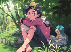 Rule 34 | 1boy, :o, artist name, backwards hat, bad id, bad pixiv id, bag, bandaid, bandaid on knee, bandaid on leg, barefoot, black hair, black shorts, commentary request, creatures (company), cyndaquil, day, egg, ethan (pokemon), game freak, gen 2 pokemon, grass, grey eyes, hat, hood, hood down, jacket, long sleeves, looking at viewer, male focus, nintendo, outdoors, pokemon, pokemon (creature), pokemon egg, pokemon hgss, red jacket, sentret, shoes, short hair, shorts, signature, sitting, toes, unworn bag, unworn shoes, xichii