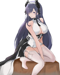 Rule 34 | 1girl, absurdres, august von parseval (azur lane), azur lane, between legs, black bow, black bowtie, black ribbon, blue eyes, blue hair, bow, bowtie, breasts, cleavage, frills, garter straps, hair over one eye, hair ribbon, hand between legs, highres, large breasts, obniermarbiss, ribbon, solo, thighhighs, white thighhighs
