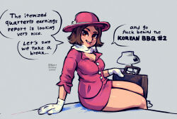 Rule 34 | 1girl, bestfriendforever, blazer, bowl, bowl hat, breasts, briefcase, brown hair, cleavage, commentary, dress, english commentary, english text, flirting, gloves, hat, highres, jacket, lamp, medium breasts, mega mall story, pink dress, pink hat, pink lips, secretary, secretary (mega mall story), short hair, smile, speech bubble, white gloves